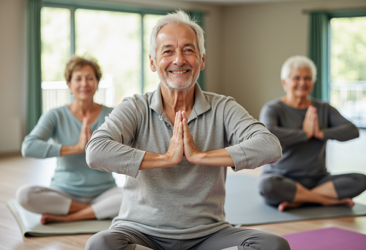 Група възрастни хора практикуват йога